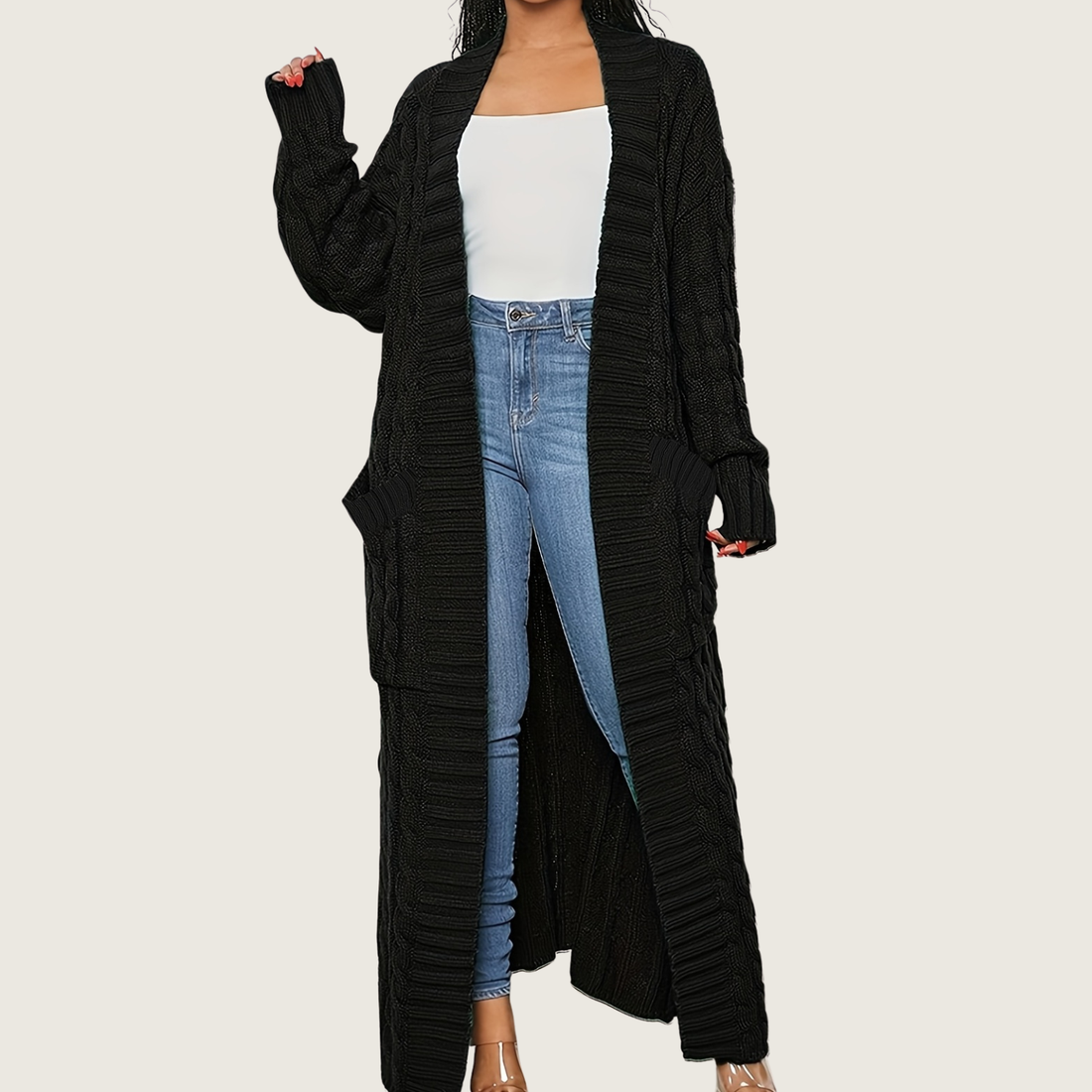 Oversized V-Neck Cable Sweater Cardigan -