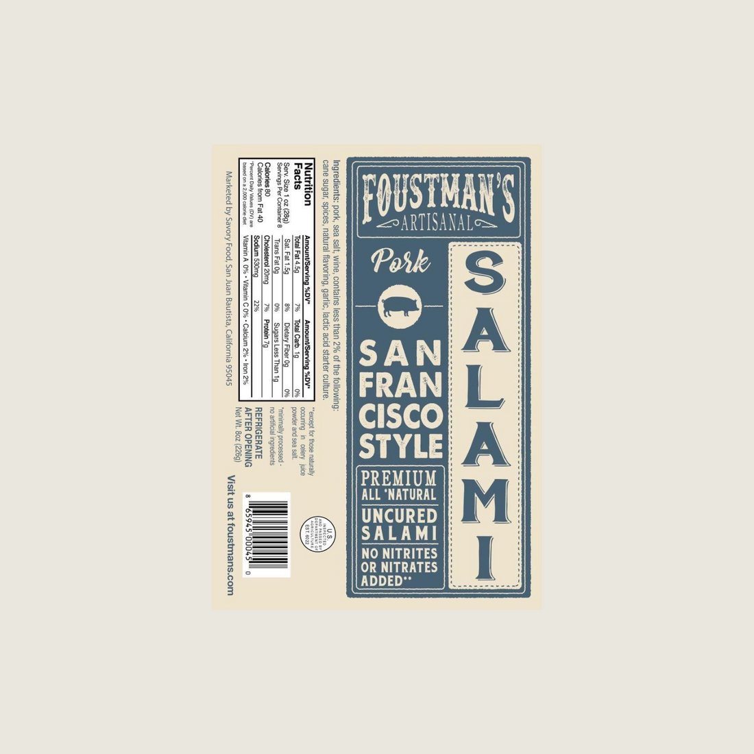 San Francisco Style Uncured Pork Salami - 8oz