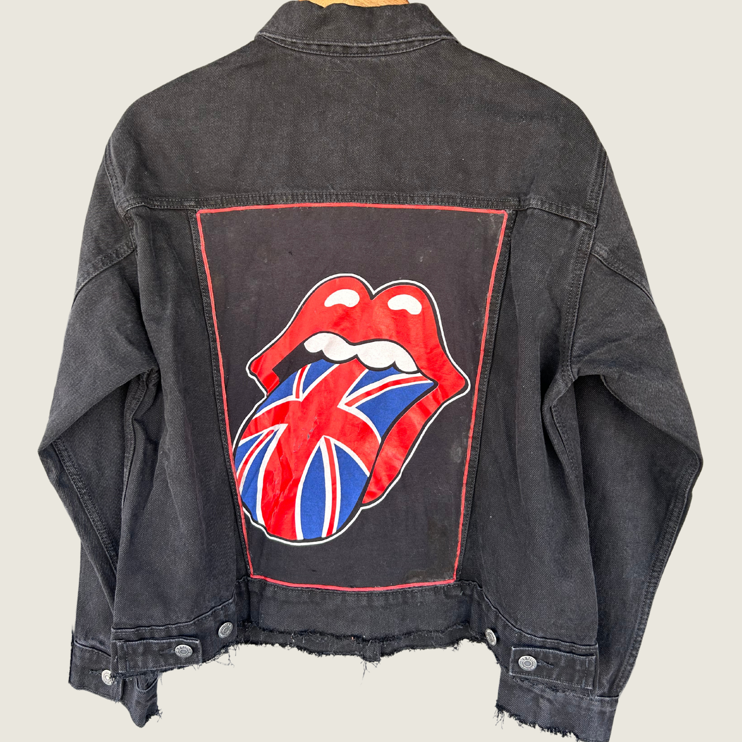 Repurposed Black Denim Jacket with Rolling Stones&