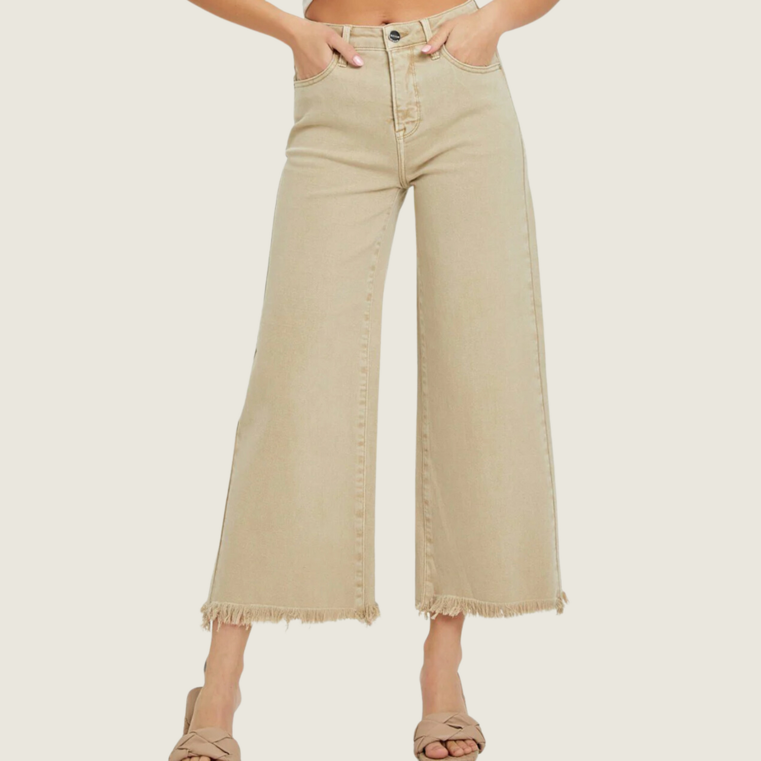 High Rise Khaki Crop Wide Pants