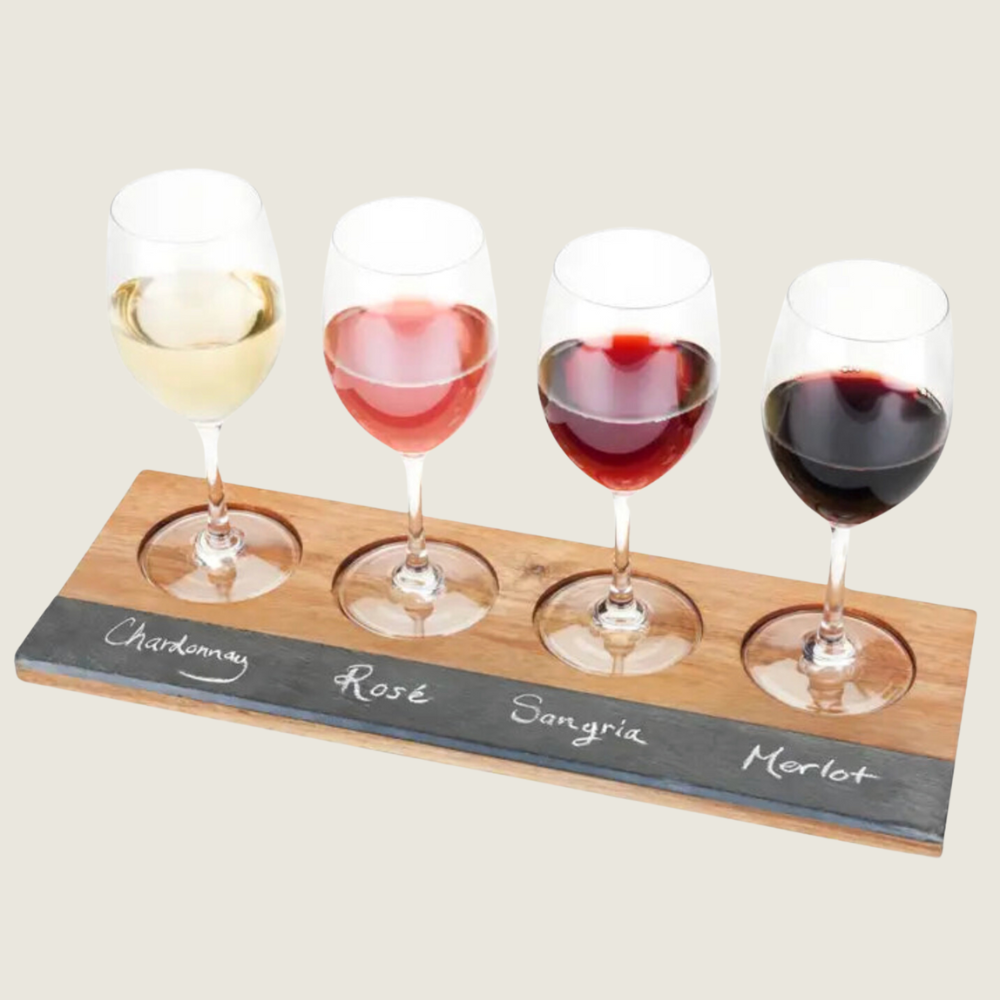 Acacia &amp; Slate 4-Glass Wine Flight Board - Includes Chalk