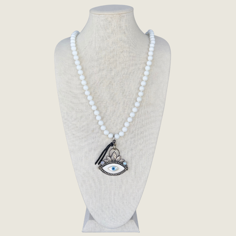 White Onyx Bead Necklace w/ Evil Eye - Blackbird General Store