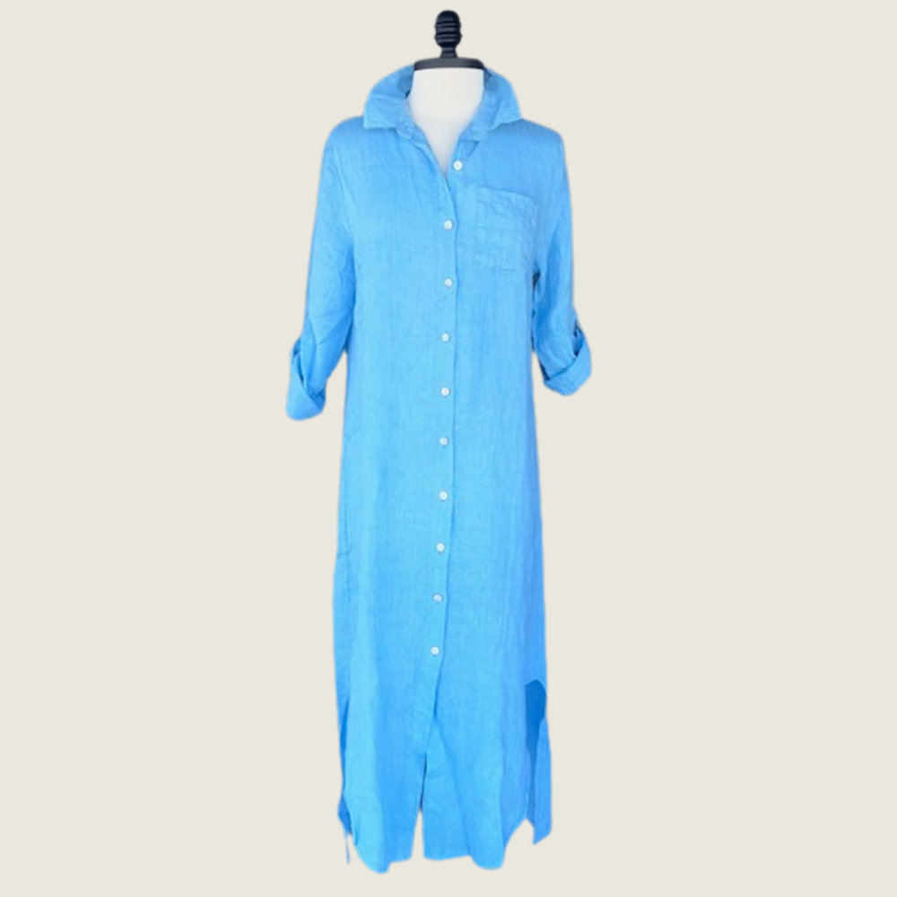 Sky Blue Linen Button-Down Dress