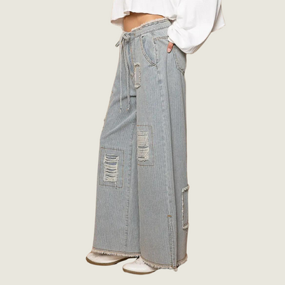 Distressed Stripe Denim Wide Pants - Blackbird General Store