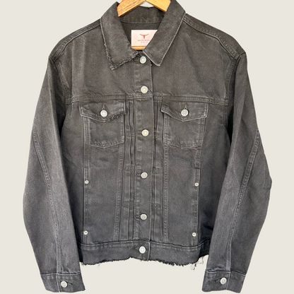 Repurposed Black Denim Jacket with Rolling Stones&