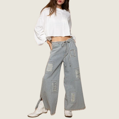 Distressed Stripe Denim Wide Pants - Blackbird General Store