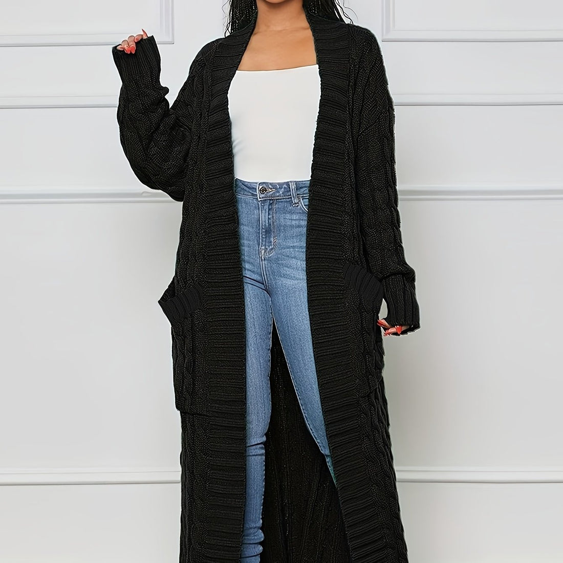 Oversized V-Neck Cable Sweater Cardigan -