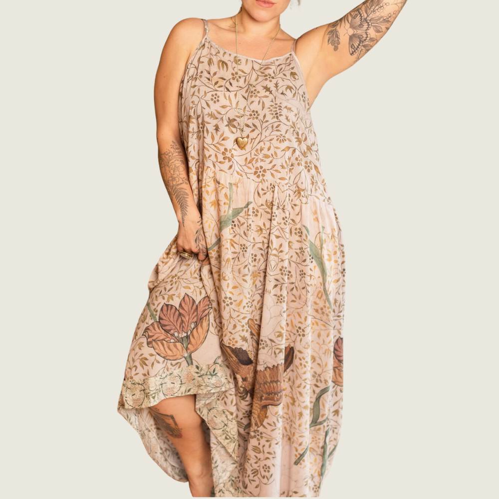 Folklore Floral Bamboo Bohéme Slip Dress with Bird of Peace