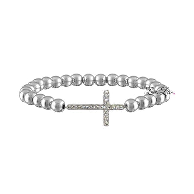 Cross Stretch Cz Beaded Bracelet - Silver - Blackbird General Store