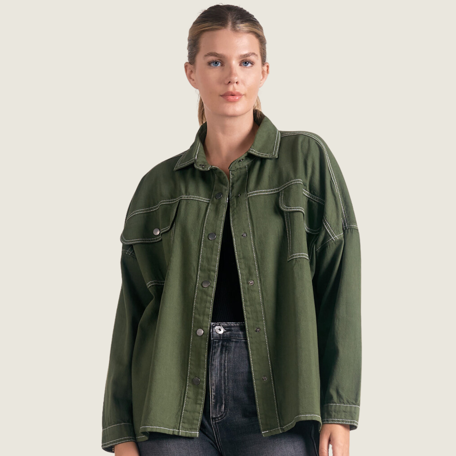 Olive Jacket w/ Contrast Stitch