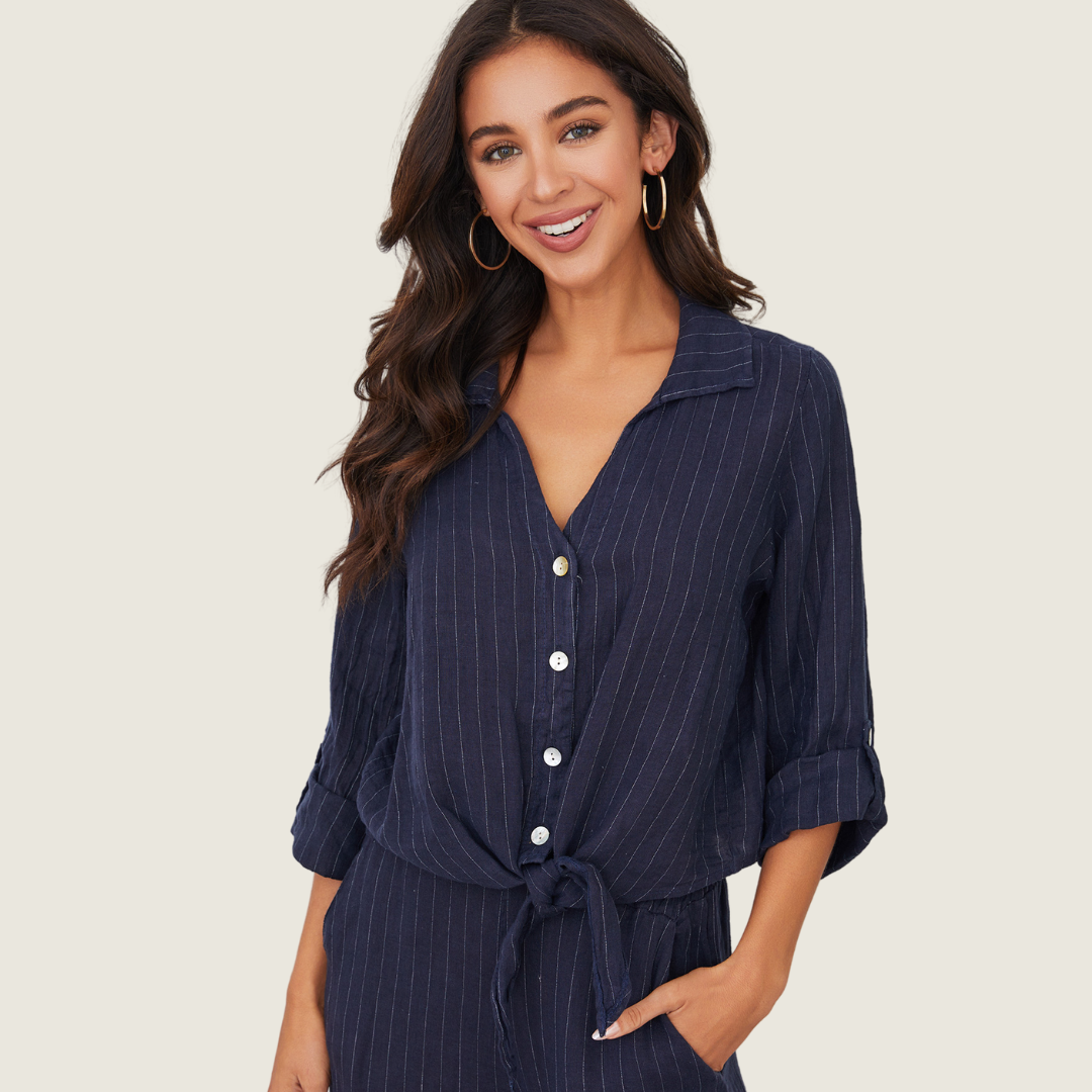 Pinstripe Linen Tie Front Blouse