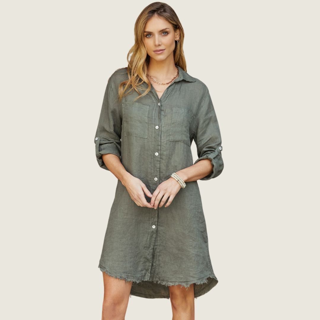 Army Green Linen Button-Down Dress