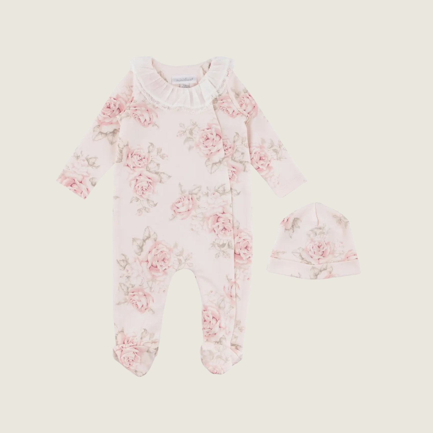 Pink Floral Footed Coverall &amp; Hat Set