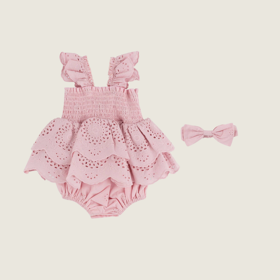 Pink Eyelet Romper &amp; Headwrap Set