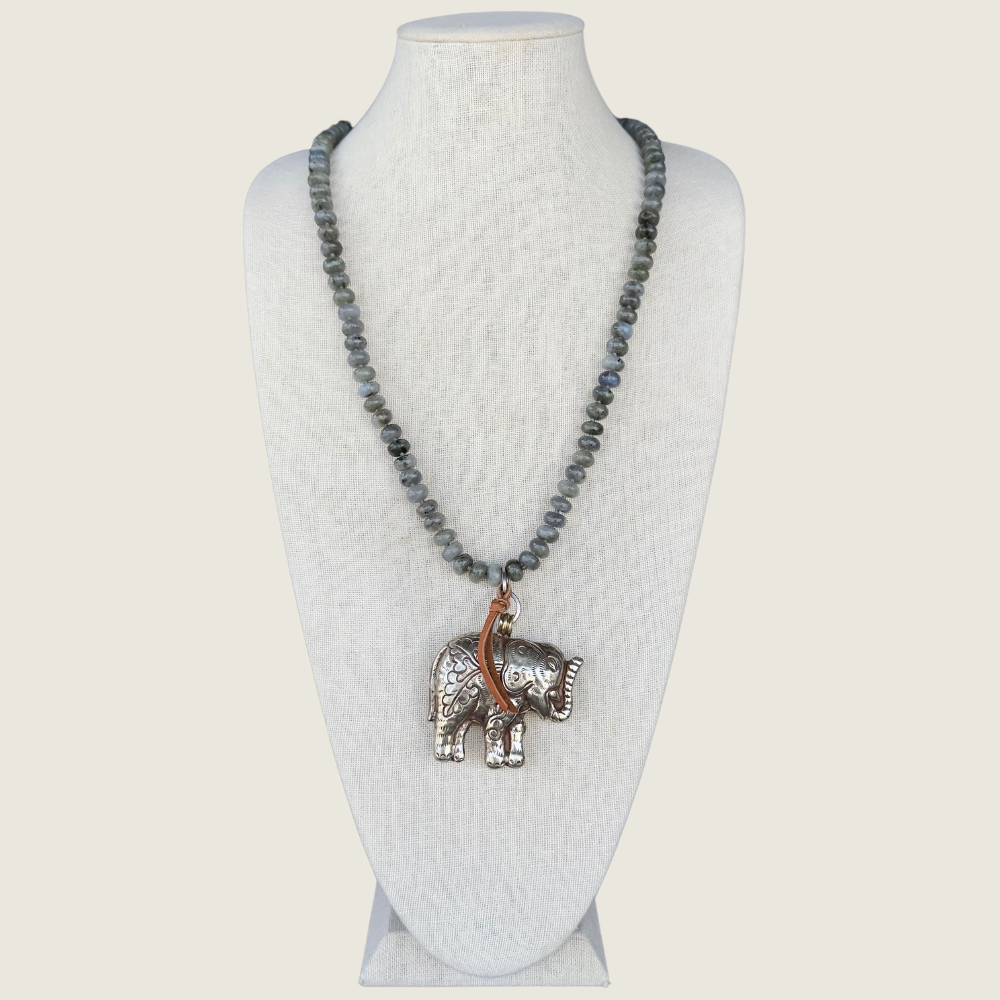 Labradorite Beaded Necklace w/ Elephant Charm - Blackbird General Store