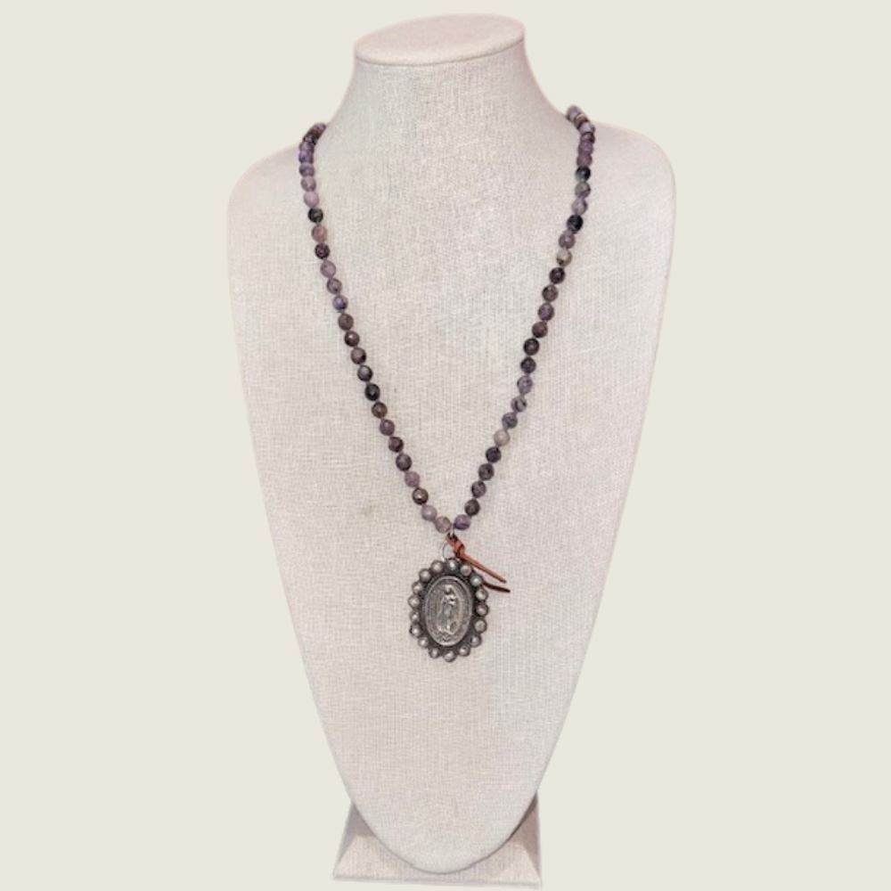 Amethyst Bead Necklace w/ Silver Mother Mary Charm - Blackbird General Store