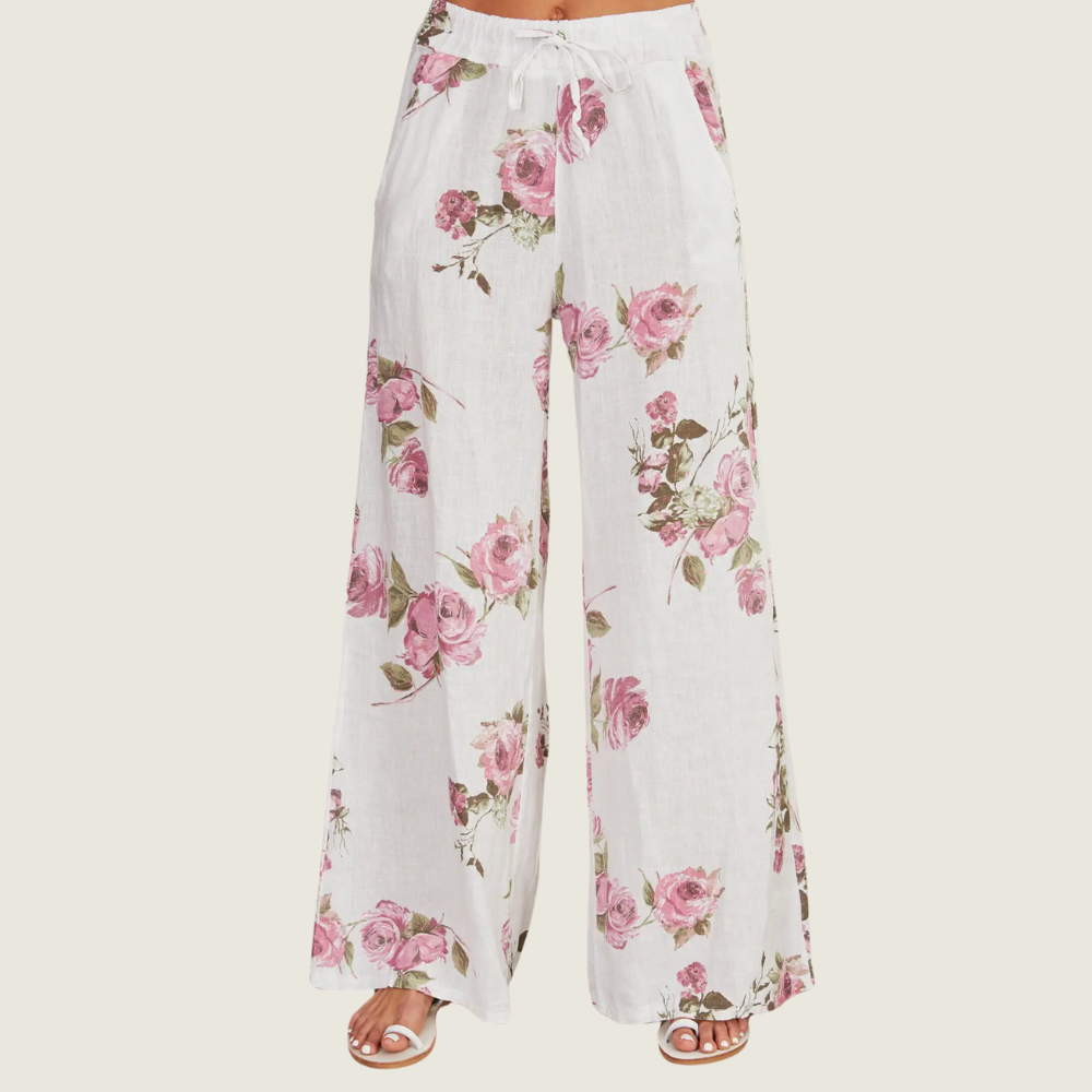 Rose Floral Print Linen Wide Leg Pants