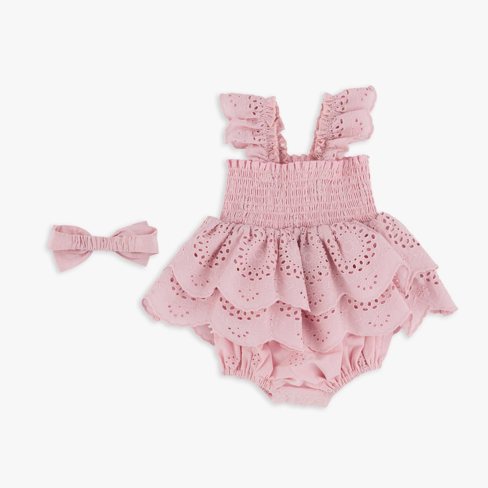 Pink Eyelet Romper &amp; Headwrap Set