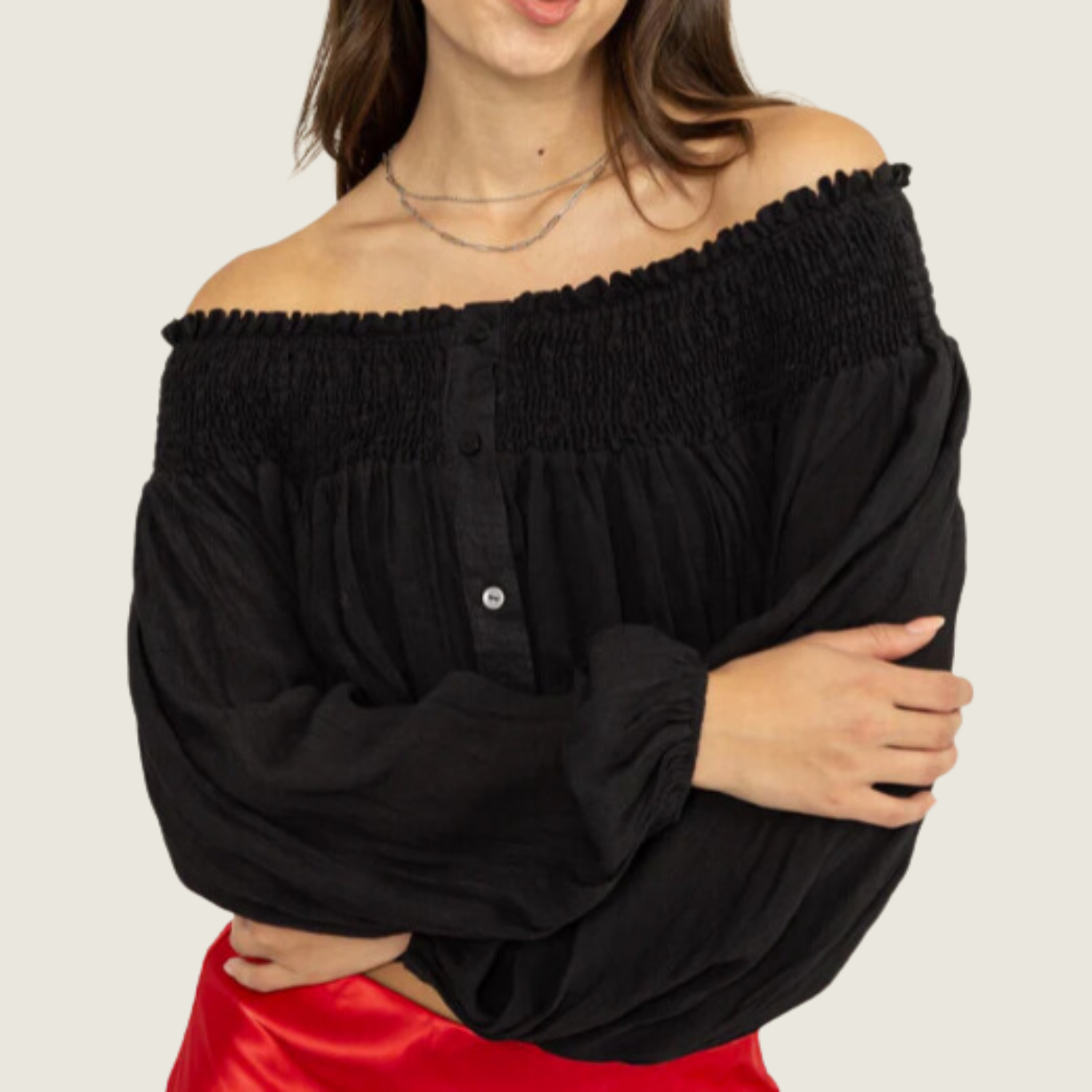 Black Off Shoulder Smocked Top