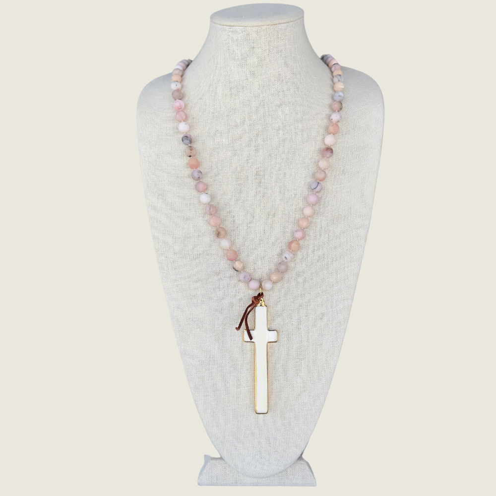 Pink Opal Bead Necklace w/ Bone Cross - Blackbird General Store