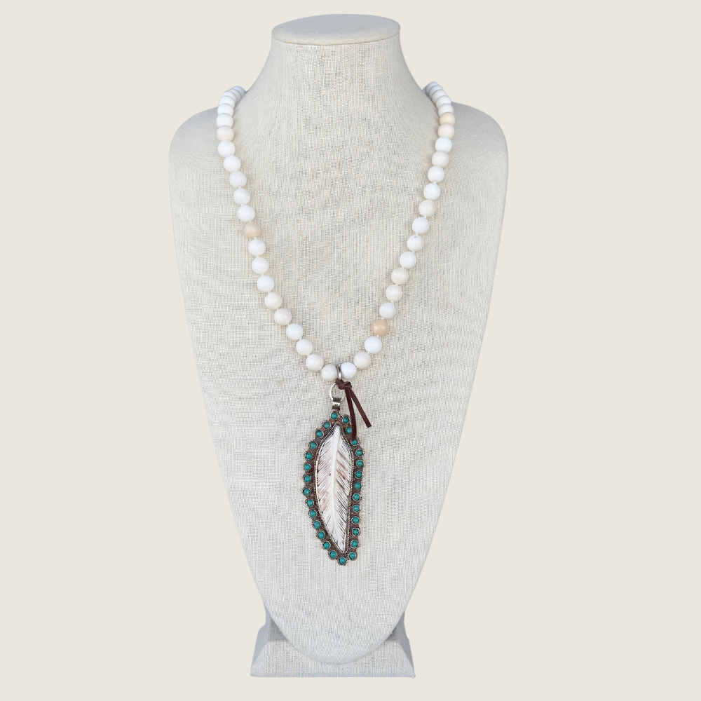 White Coral Bead Necklace w/ Turquoise Feather Charm - Blackbird General Store