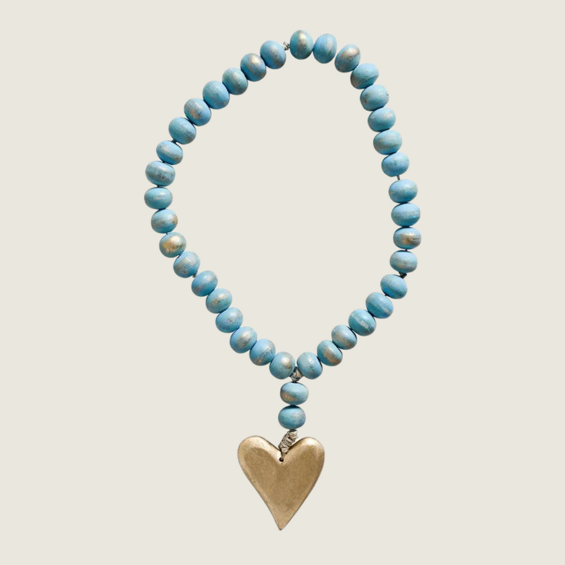 Mango Wood Beads w/ Heart - Agua &amp; Gold