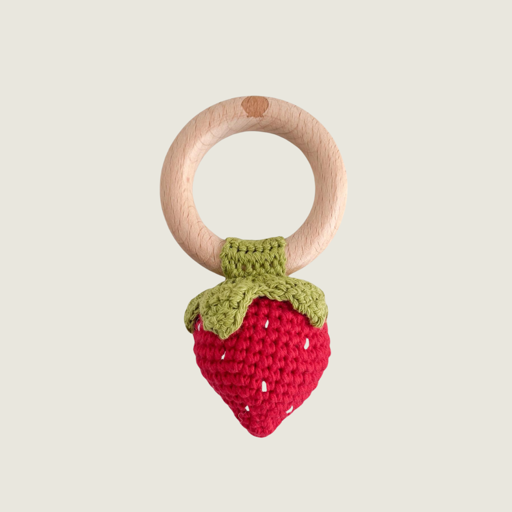 Crochet Red Strawberry Rattle Teether