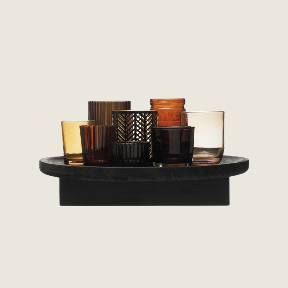 Wood Tray with Embossed Glass and Metal Votive Holders - Blackbird General Store