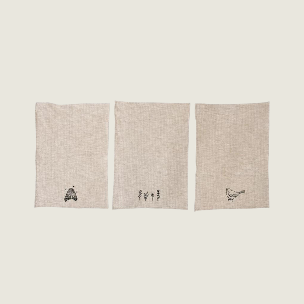 Linen and Cotton Embroidered Tea Towel - Blackbird General Store