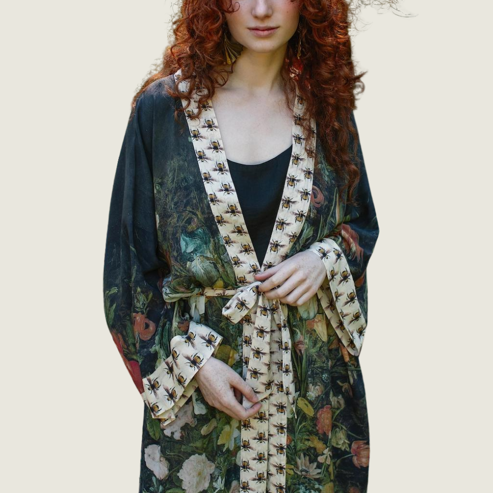 I Dream in Flowers Bamboo Duster Kimono Robe with Bees - Blackbird General Store