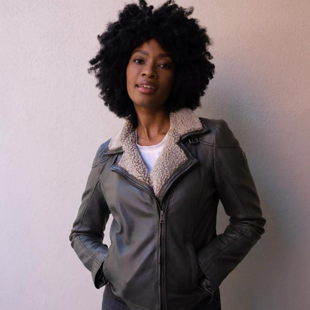 Olive Jenja Leather Jacket with Sherpa - Blackbird General Store
