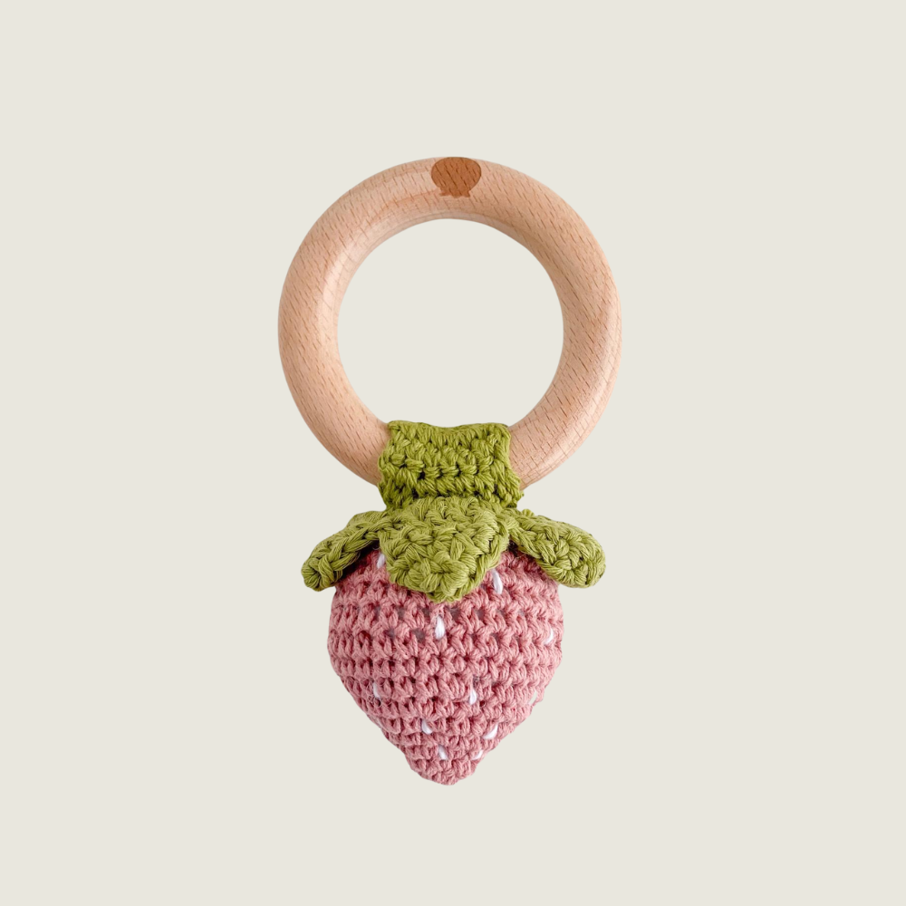Crochet Pink Strawberry Rattle Teether - Blackbird General Store