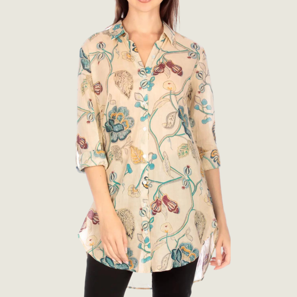 Floral Printed Button-Down Tunic with Vintage Wash - Blackbird General Store