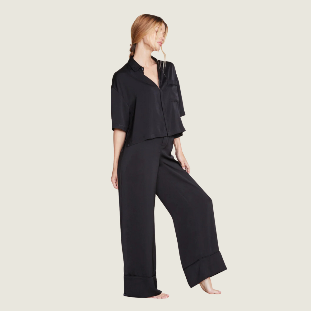 Black Washed Satin Piped Wide Leg Pant - Blackbird General Store
