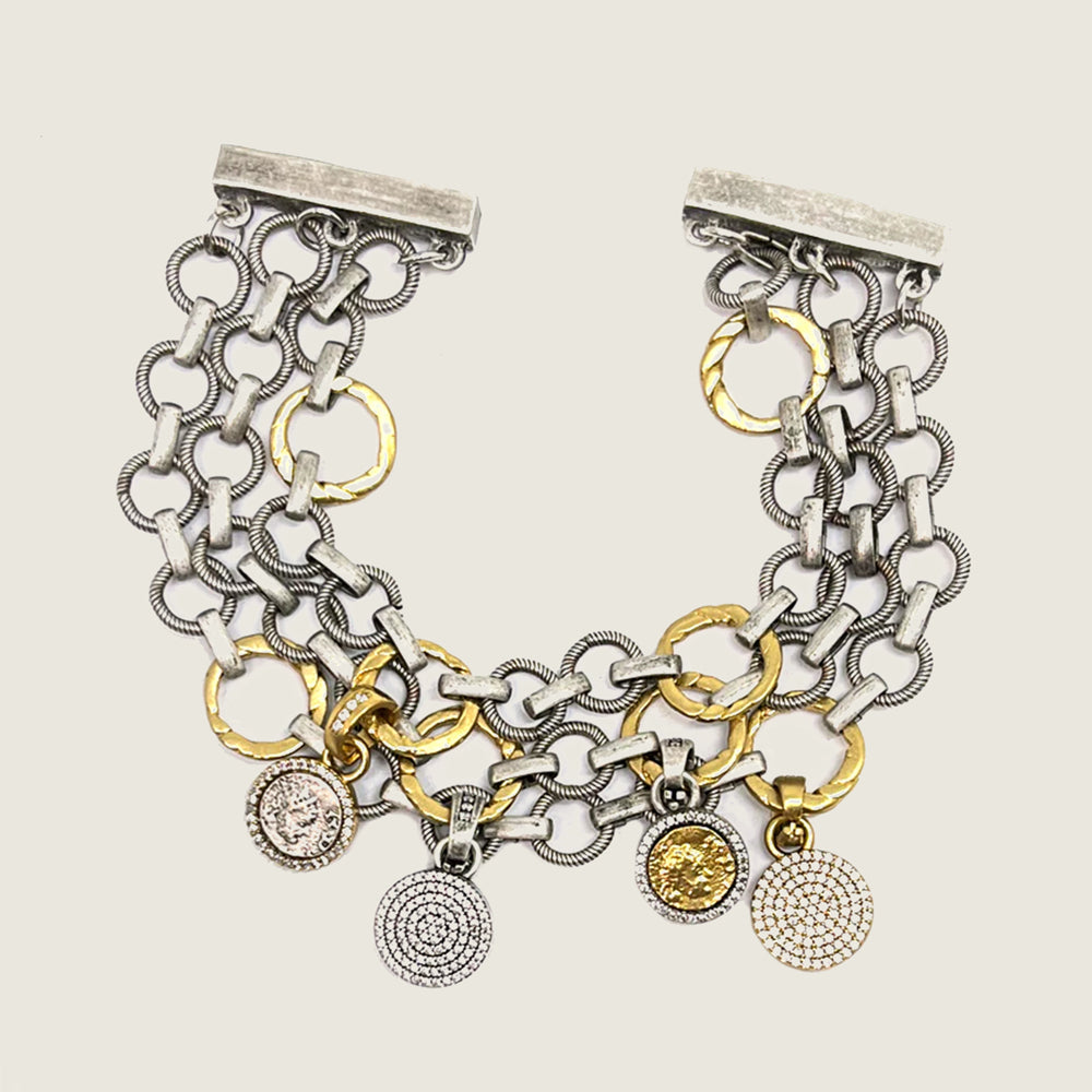 Vintage Silver Flat Ring Triple Chain Charm Bracelet - Blackbird General Store